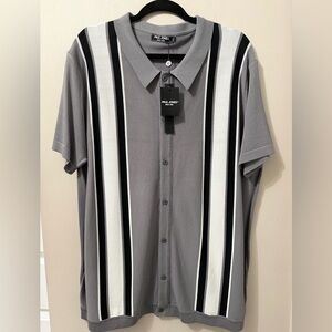 Paul Jones Knit Button Up Shirt Men XL Short Sleeve Striped Retro 60s Vtg Style